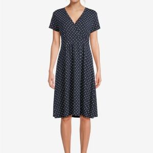 L.L. Bean Blue and White A-Line Midi Dress V-Neck